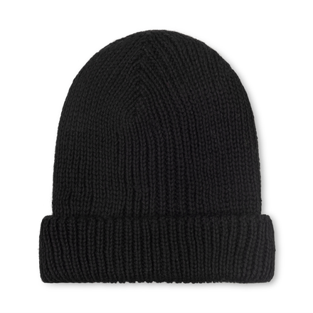 Black knit beanie on a white background