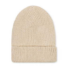 Cream knit beanie on a white background