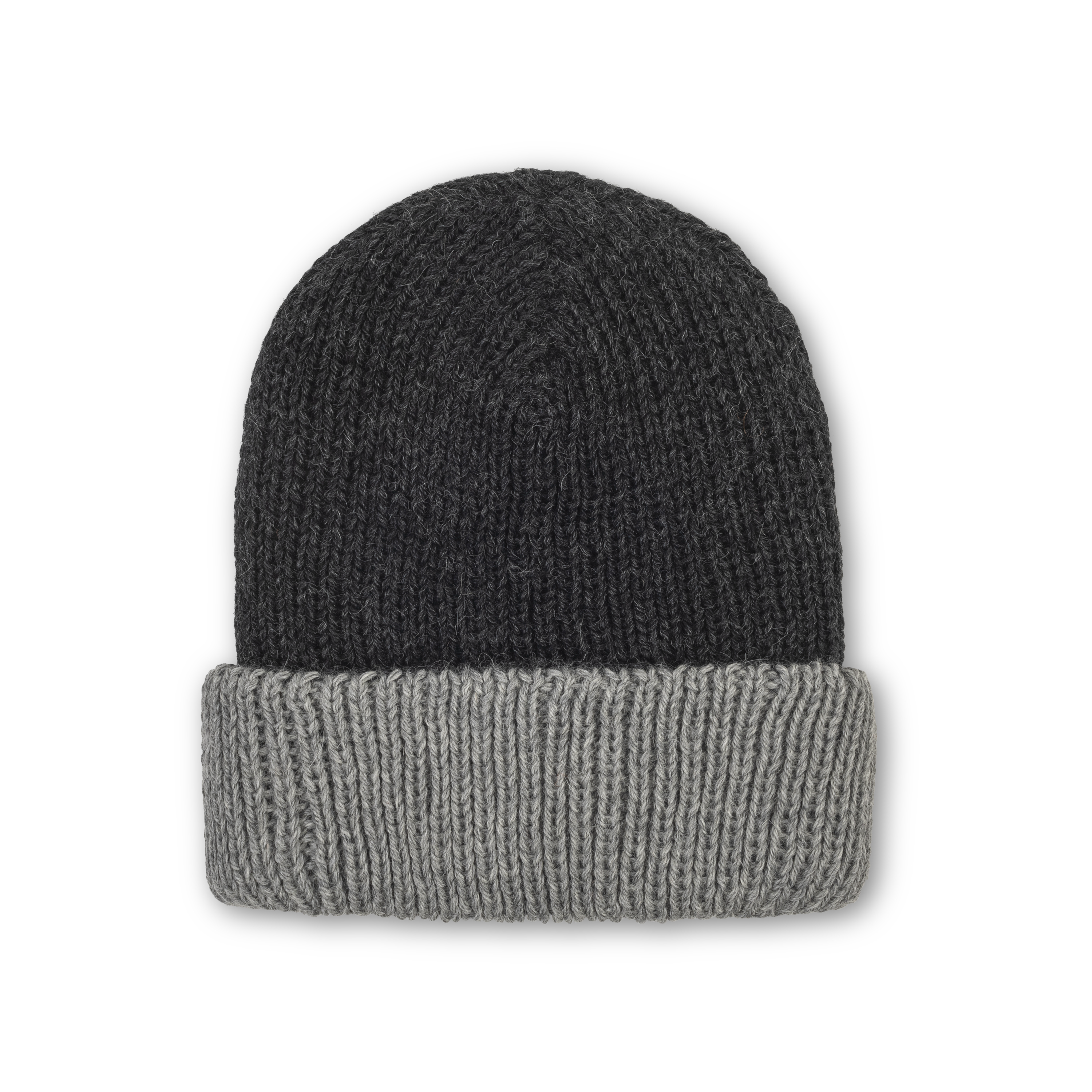 Two-tone gray knit beanie with dark gray top and light gray bottom on a white background