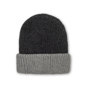 Two-tone gray knit beanie with dark gray top and light gray bottom on a white background