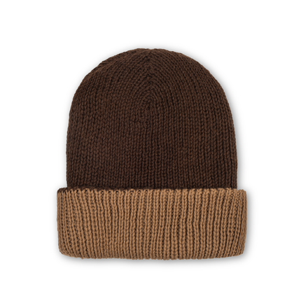 Brown knit beanie with two-tone design on a white background