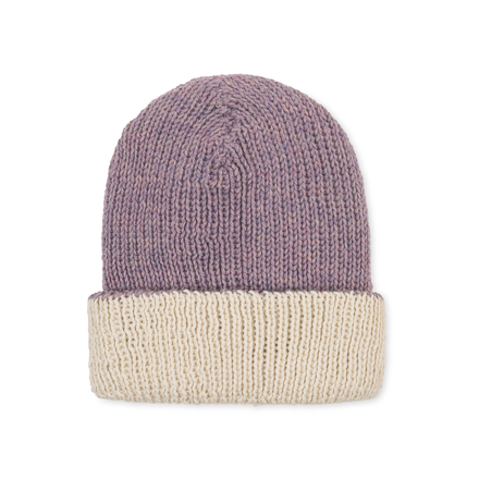 Knitted beanie with two-tone design - lavender & cream - on a white background