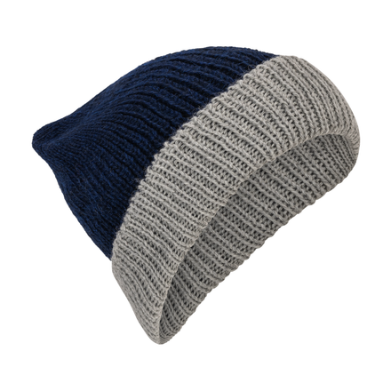 Two-toned blue and gray knit beanie on a white background