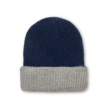 Two-toned navy and gray beanie on a white background