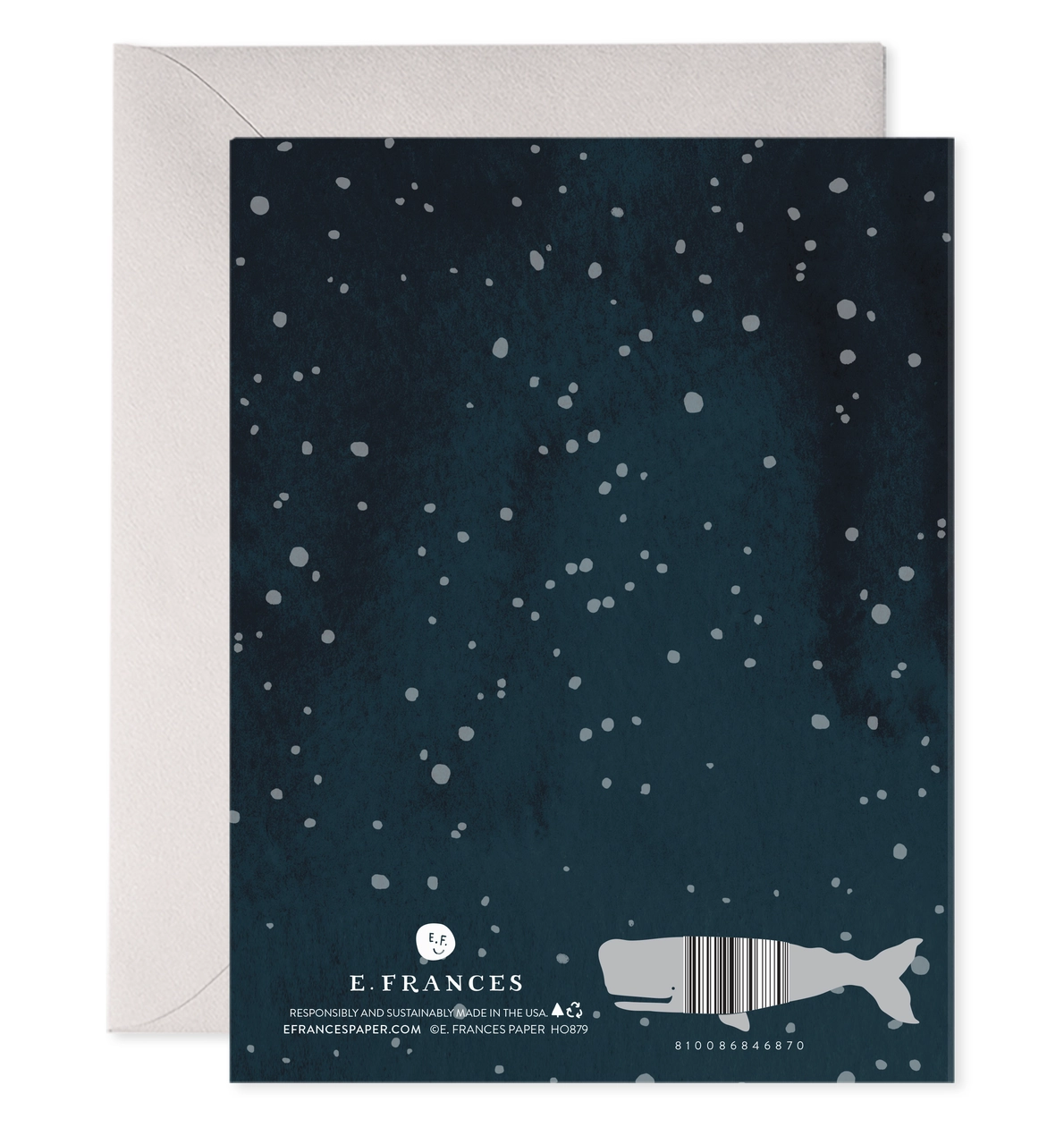Greeting card with whale design and E.Frances branding on a dark blue background with white dots.
