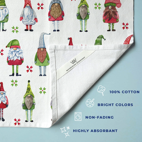 Tea towel with gnome pattern on a light blue background, featuring the brand 'Watercolor Wednesday'.