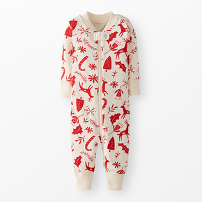 Children's onesie with red animal pattern on a white background