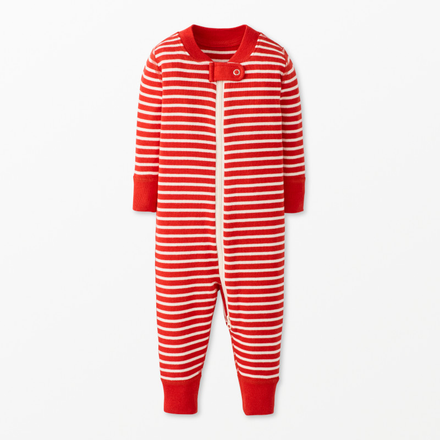 Red and white striped baby onesie on a white background