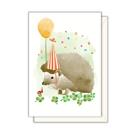 Illustration of a hedgehog with a striped party hat and balloon on a white background