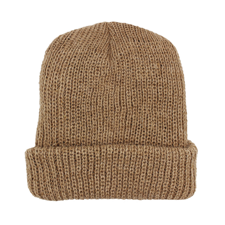 Beige knit beanie on a white background