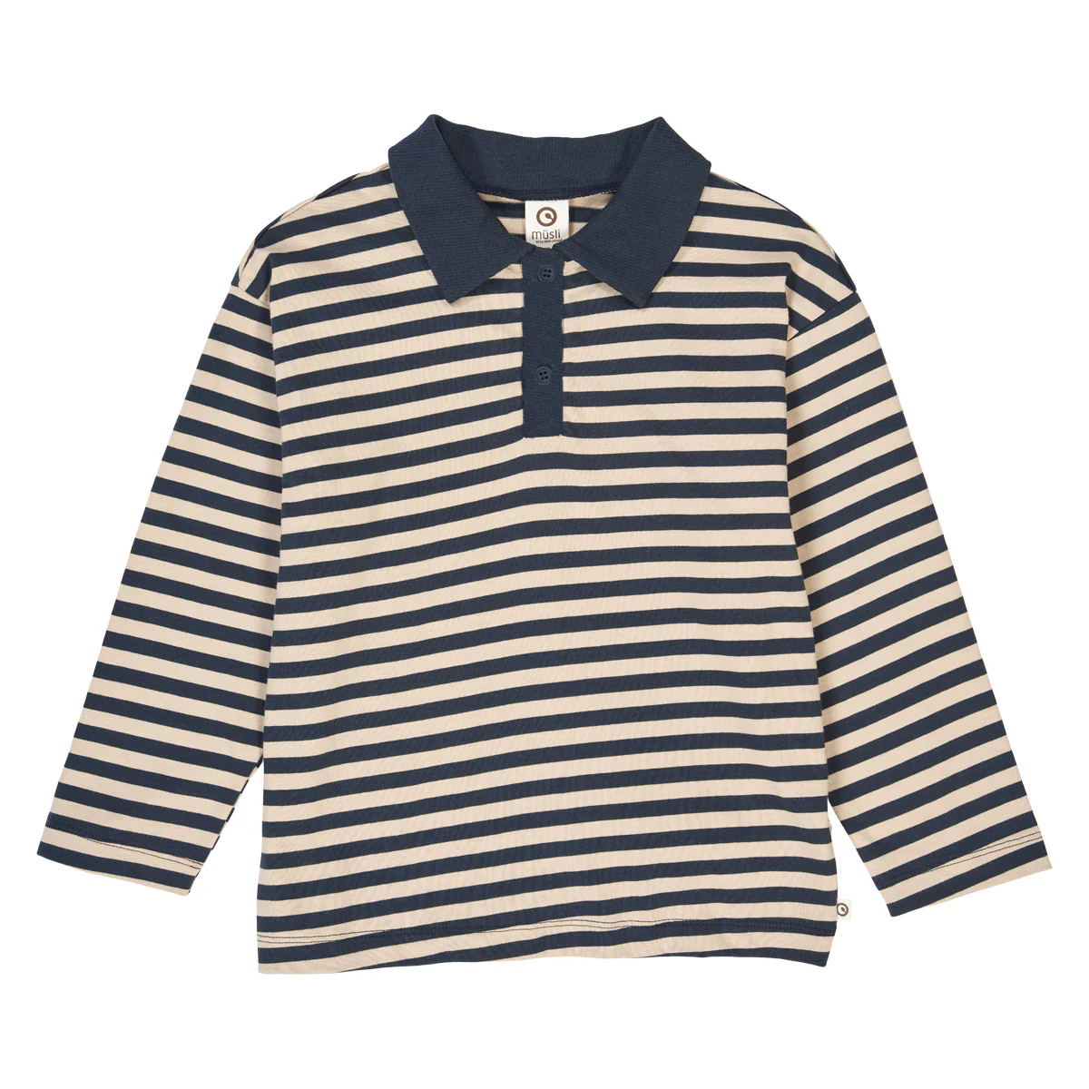 Navy and beige striped long-sleeve shirt with a collar on a white background