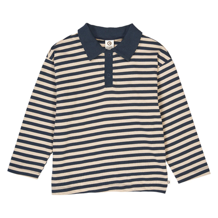 Navy and beige striped long-sleeve shirt with a collar on a white background