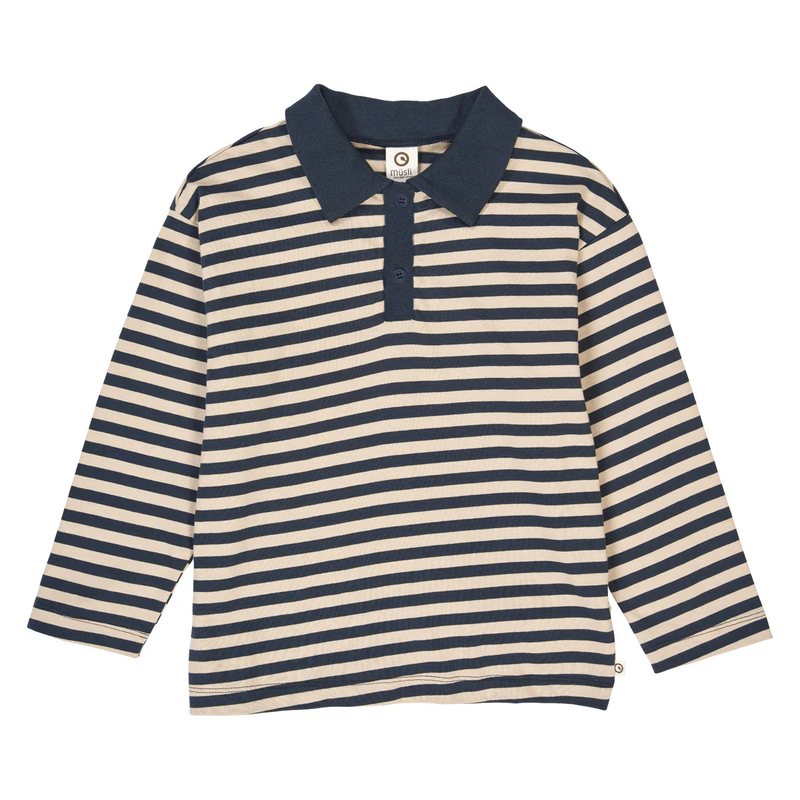 Navy and beige striped long-sleeve shirt with a collar on a white background