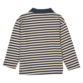 Navy and beige striped long-sleeve shirt on a white background