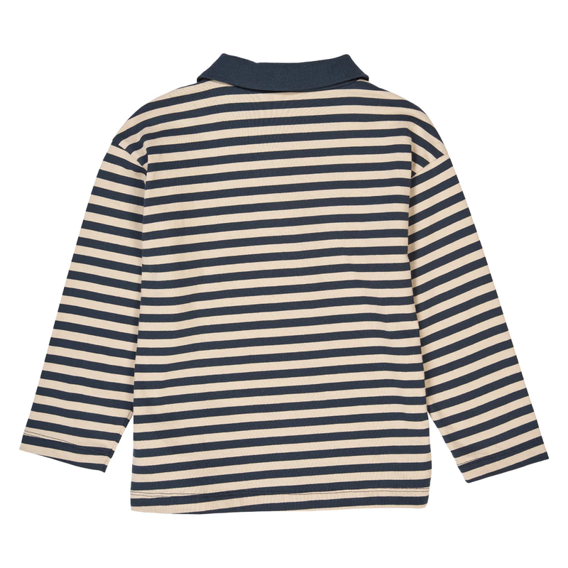 Navy and beige striped long-sleeve shirt on a white background