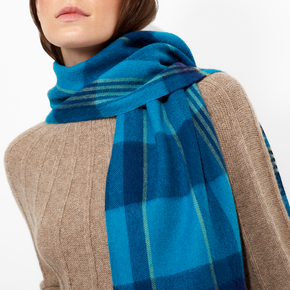 Person wearing a blue plaid scarf with a neutral background