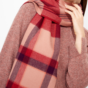 Person wearing a red and pink plaid scarf with a matching outfit on a white background