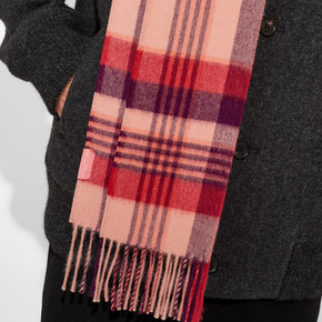 Plaid scarf with red and beige pattern draped over a dark coat on a light background