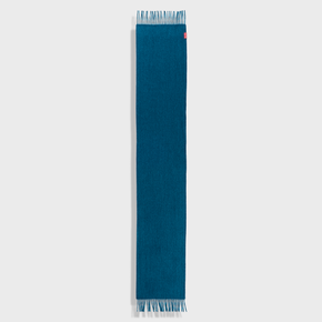 Teal scarf with white fringe on a light gray background