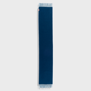Navy blue scarf with white trim on a light gray background