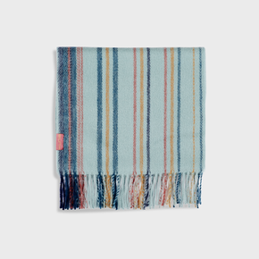 Striped scarf with blue, pink, and white colors on a light gray background