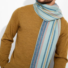 Man wearing a mustard sweater and a striped scarf with a neutral background