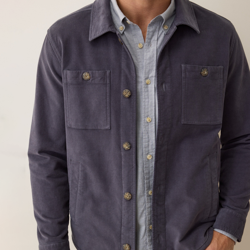 Navy jacket over a light blue shirt on a neutral background