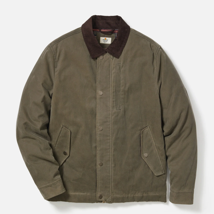 Green jacket with brown collar on a white background