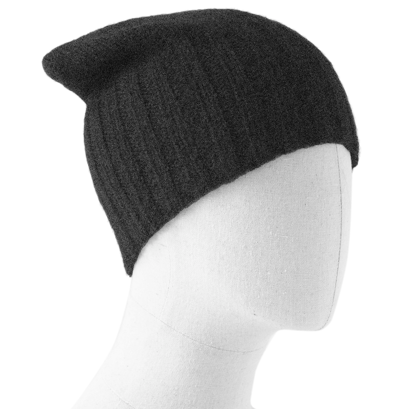 Dark gray knit beanie on a mannequin head against a white background