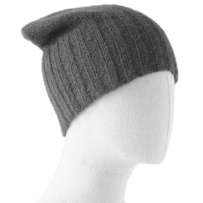 Gray knit beanie on a mannequin head against a white background