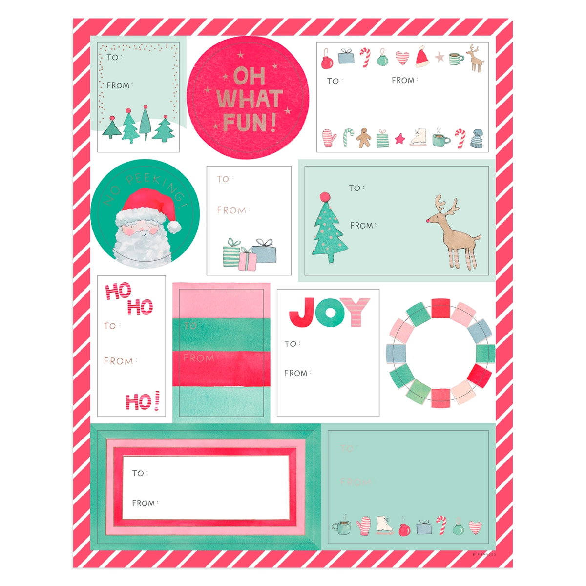Collection of Christmas-themed gift tags and labels with festive designs on a white background.