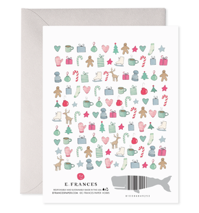 Greeting card with Christmas-themed illustrations and E. Frances branding.