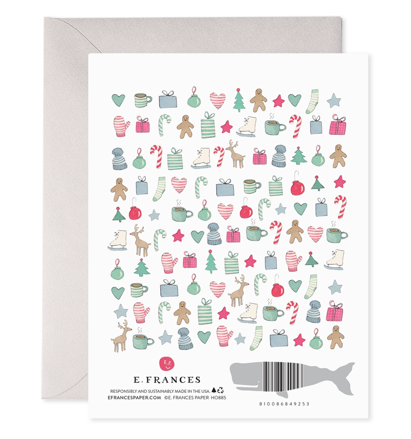 Greeting card with Christmas-themed illustrations and E. Frances branding.