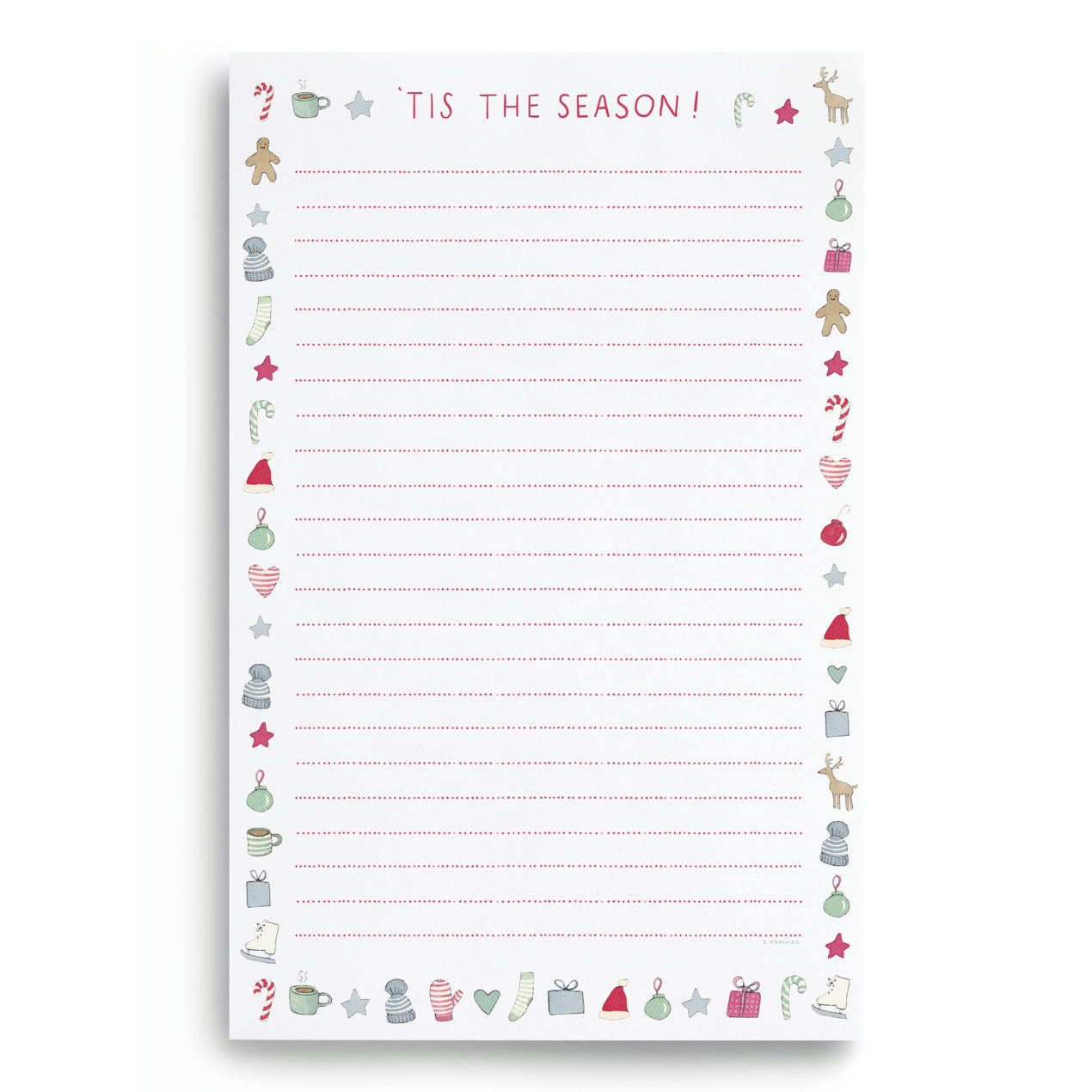 Lined paper with Christmas-themed border and 'Tis the Season!' text on a white background