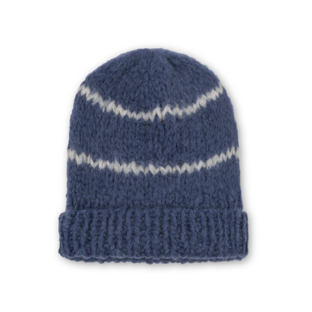 Blue knit beanie with silver stripes on a white background