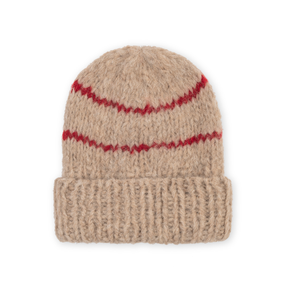 Beige knit beanie with red stripes on a white background