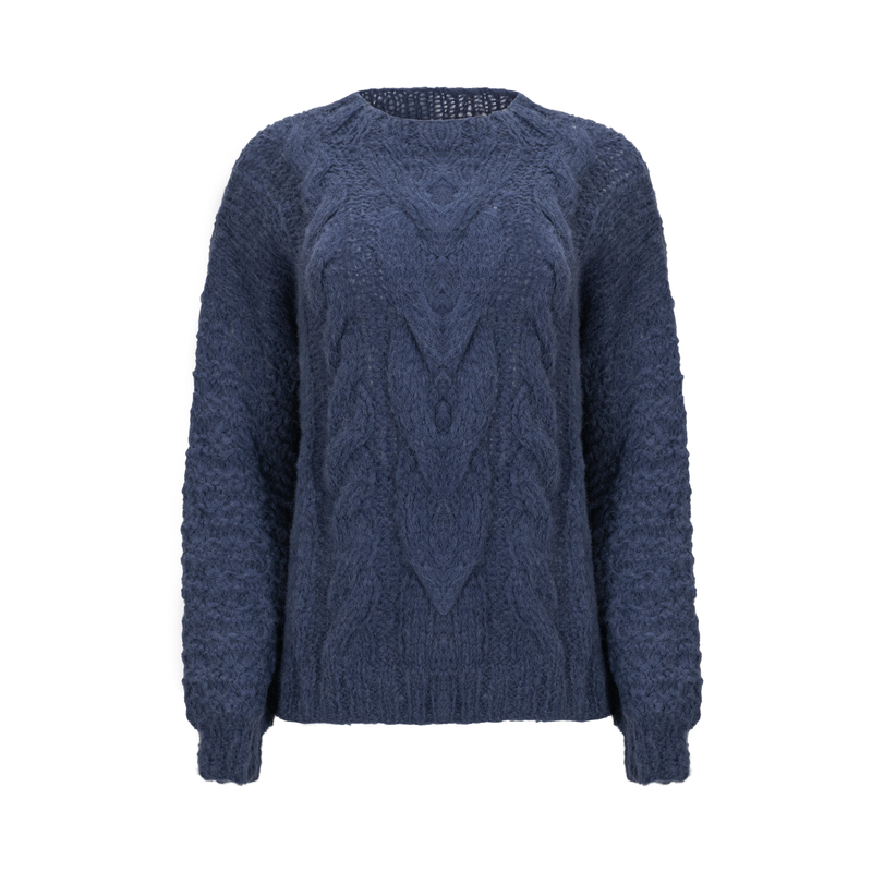 Blue cable knitted sweater on a white background