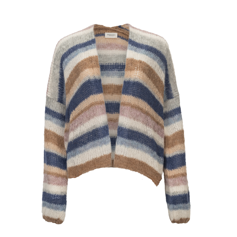 Striped cardigan with blue, brown, and beige colors on a white background