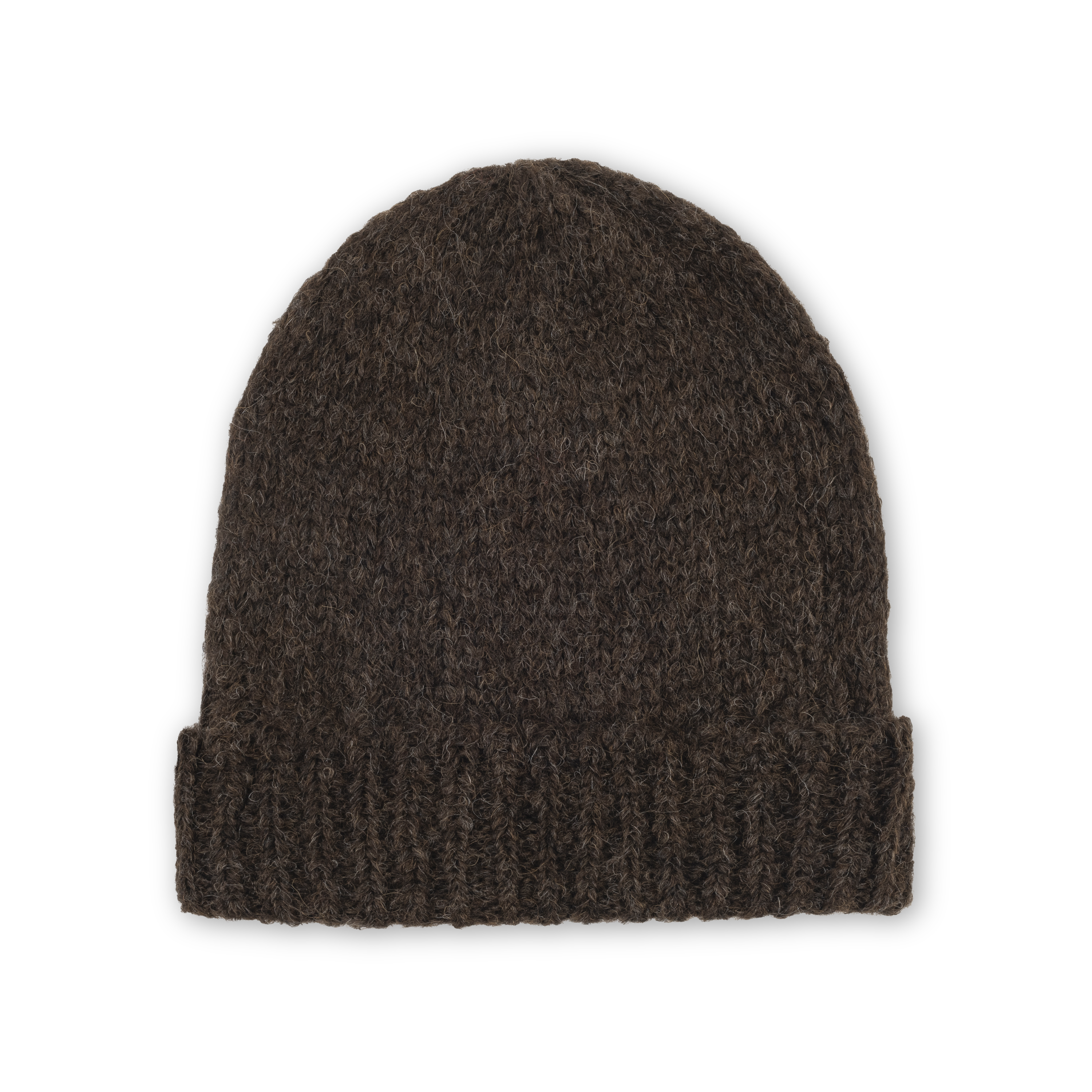 Dark brown knit beanie on a white background
