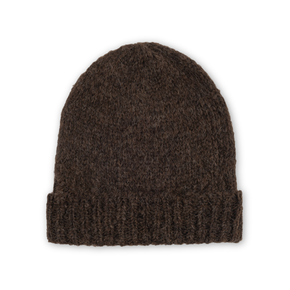 Dark brown knit beanie on a white background