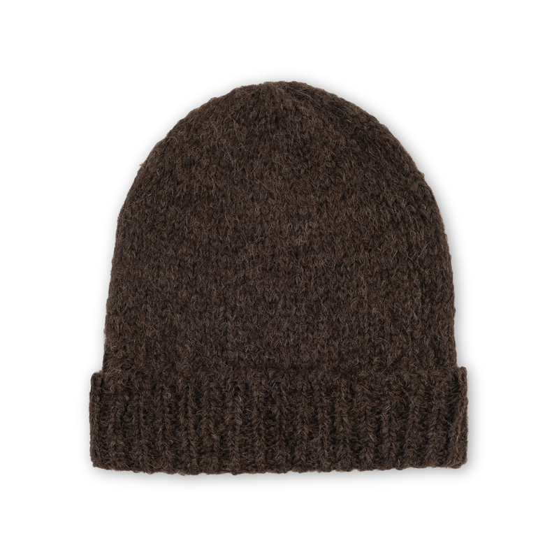 Dark brown knit beanie on a white background
