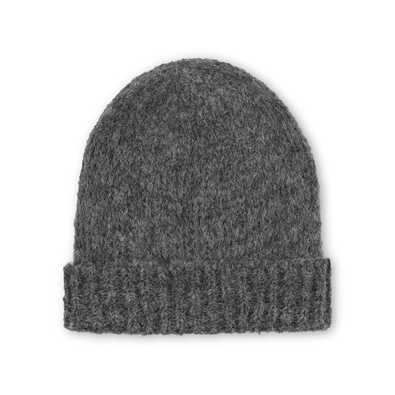Gray knit beanie on a white background