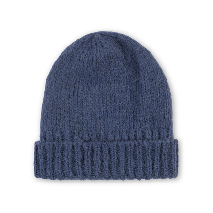 Blue knit beanie on a white background