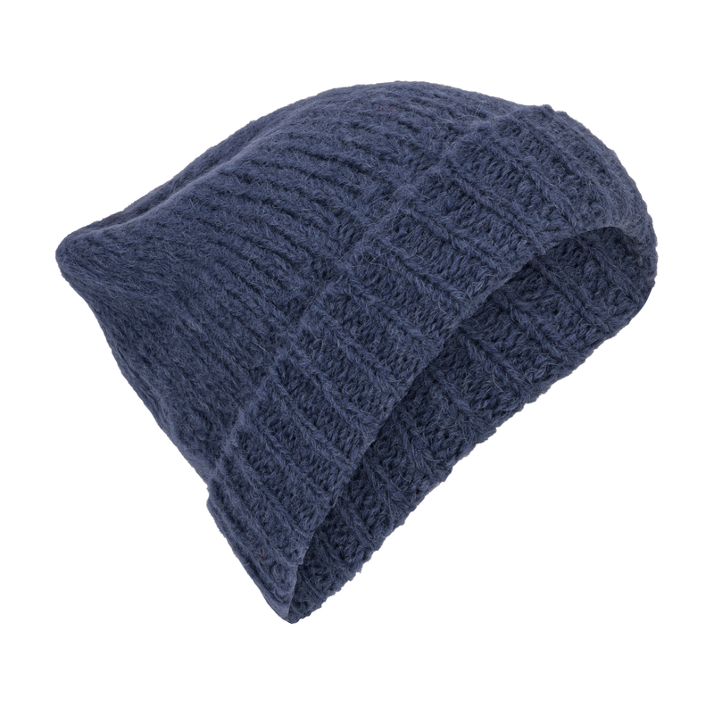Blue knit beanie on a white background