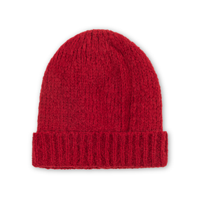 Red knitted beanie on a white background