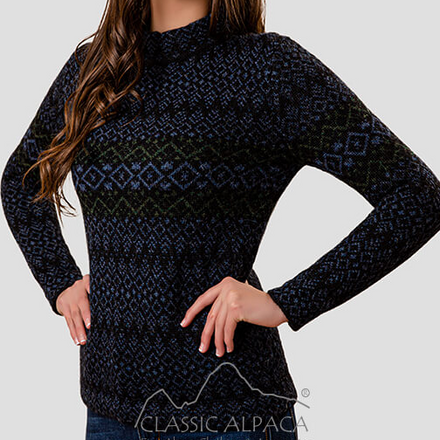 Woman wearing a black patterned sweater with a visible brand logo on a gray background