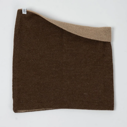 Brown and beige neck gaiter on a white background