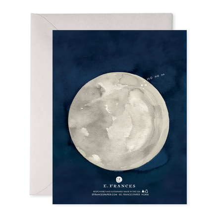 Card with moon illustration on a dark blue background, featuring E. Frances branding.