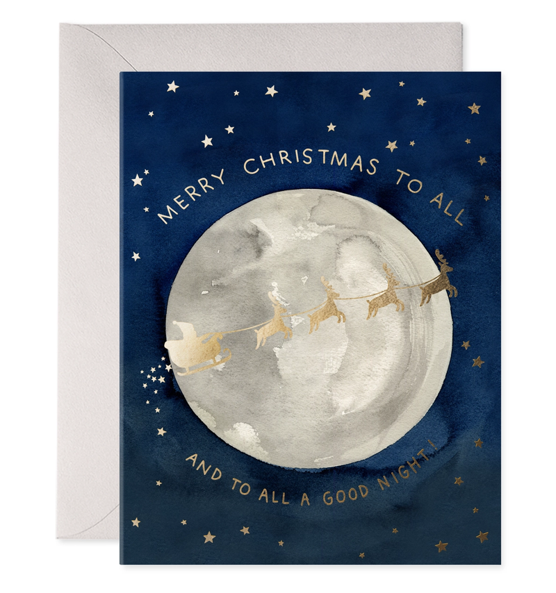 Christmas card with Santa Claus in a sleigh, moon, and stars on a blue background.
