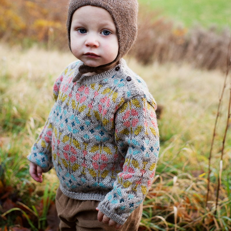 Child wearing a colorful sweater and brown hat standing in a natural setting with trees and grass.